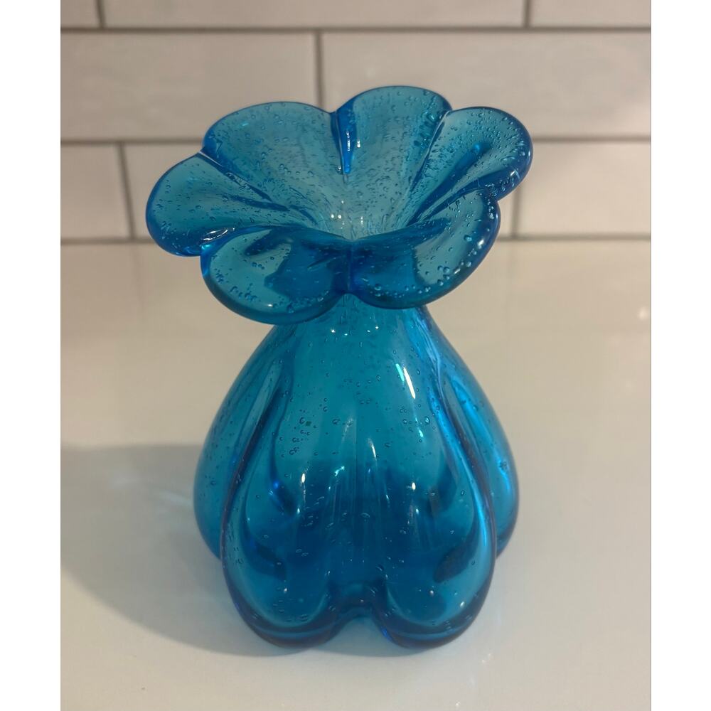 Blown Turquoise Seeded Glass Vase with Flower Top